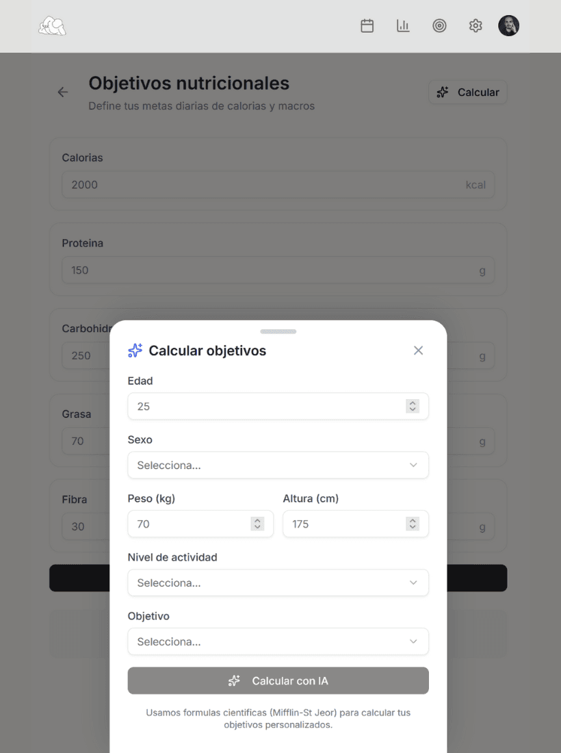 Calculadora de objetivos nutricionales